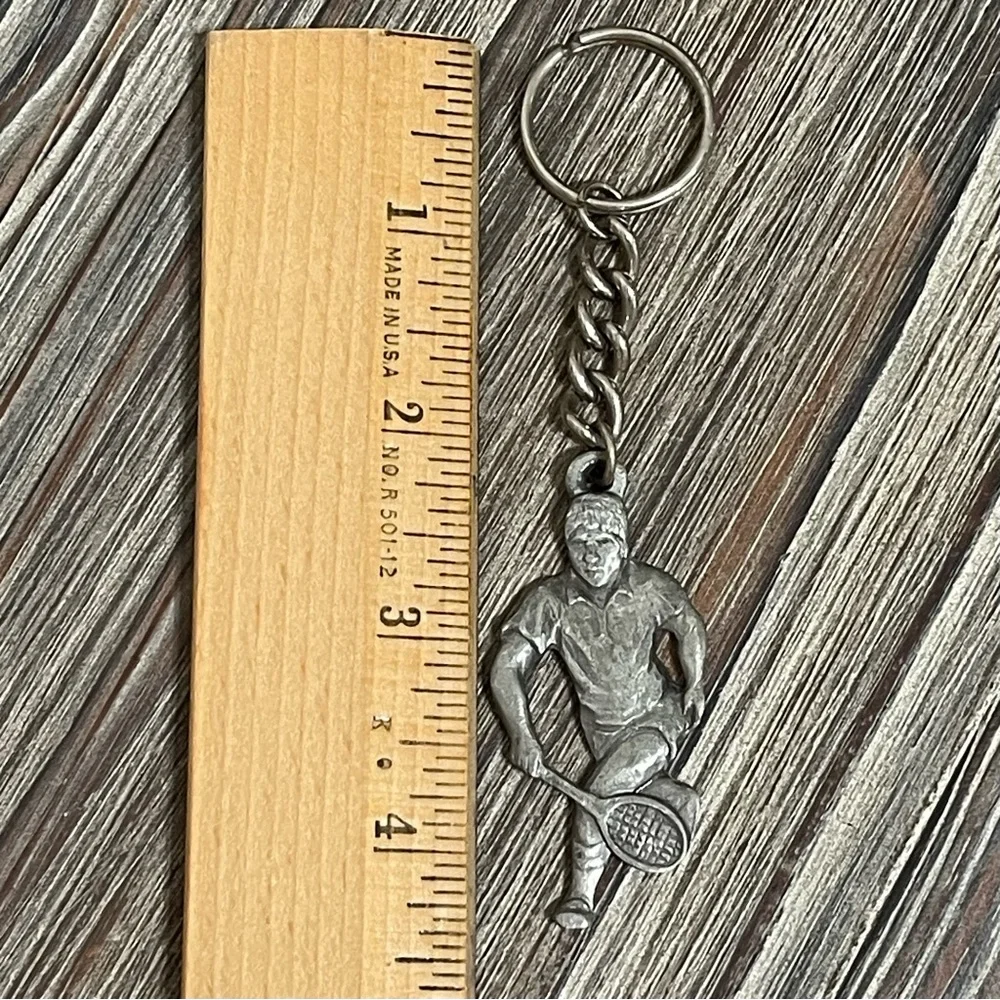 Vintage 80s Radcliffe Pewter 1983 Tennis Player Keychain I Love Tennis P. Davis